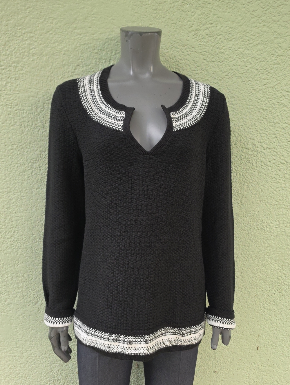 LOFT Black and White Fair Isle Knit Scoop Neck Sweater